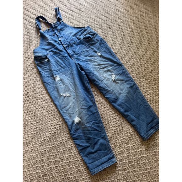 Lane Bryant Womens Size 24 Blue Denim Distressed Ripped Overalls - Picture 1 of 11